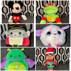 Plush bundle of 6 Mickey Mouse, ninja turtle,2 squishmallows, ty puff,elf.Smalls